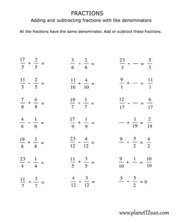 Renaming Whole Numbers When Adding And Subtracting Fractions Worksheets