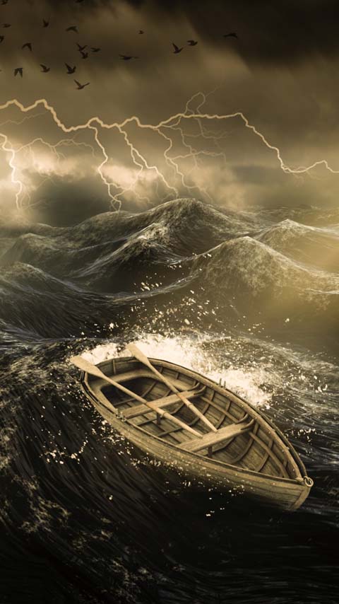 storm boat ocean golden dark wallpaper background phone