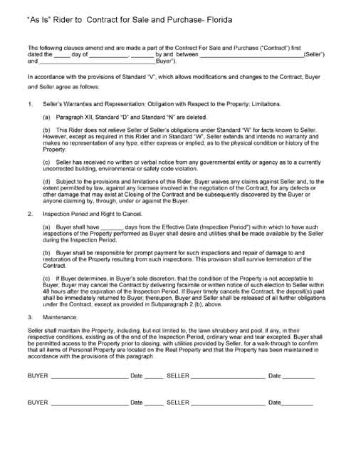 as is rider to contract for sale and purchase Florida free printable form