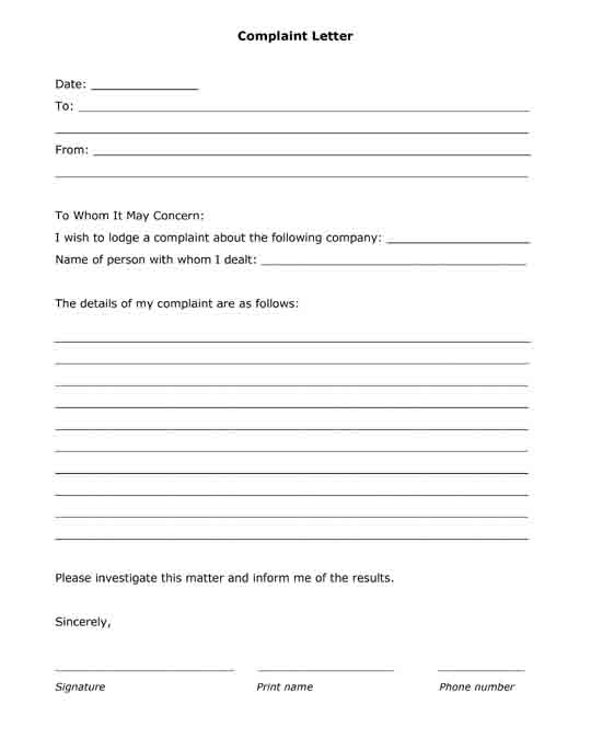 complaint letter generic free printable pdf format form