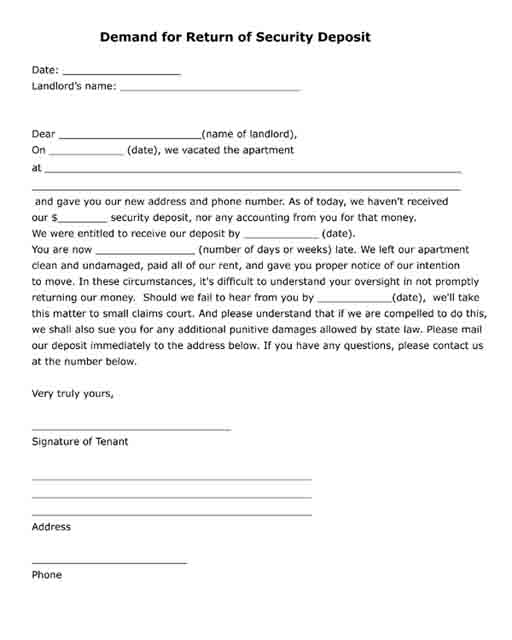 return security deposit demand letter printable free pdf
