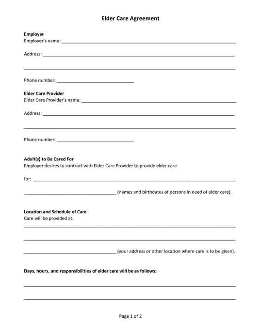 elder care agreement free printable pdf form black and white