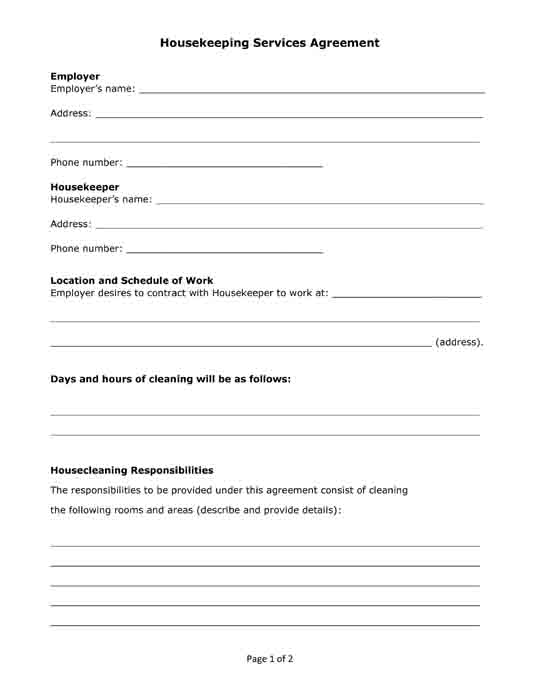 housekeeping services agreement form free printable pdf