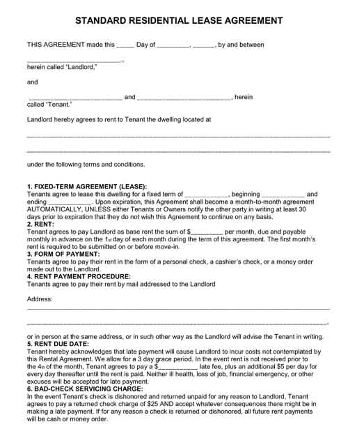 standard residential lease agreement free printable pdf format form