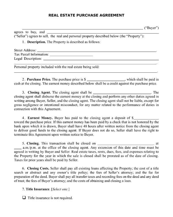 real estate purchase agreement free pdf format printable