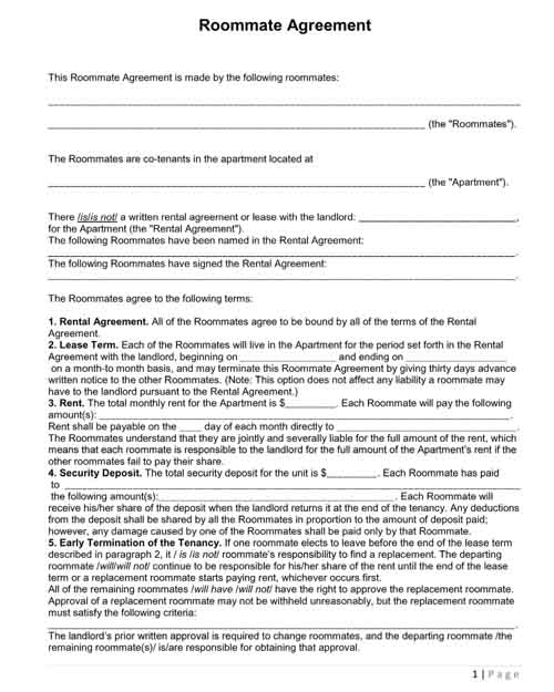 roommate agreement free pdf printable form