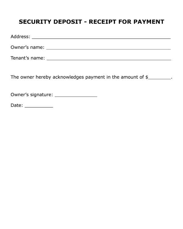 security deposit receipt for payment free pdf printable