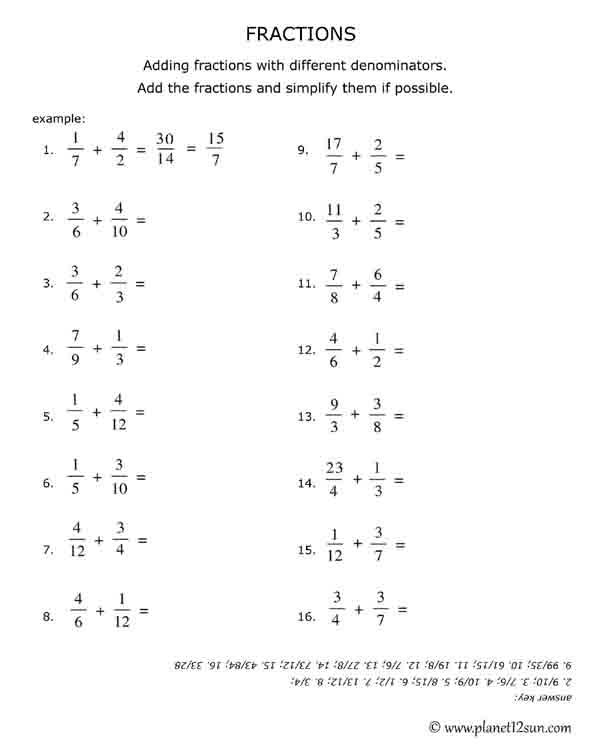 different denominators adding fractions free printable worksheet